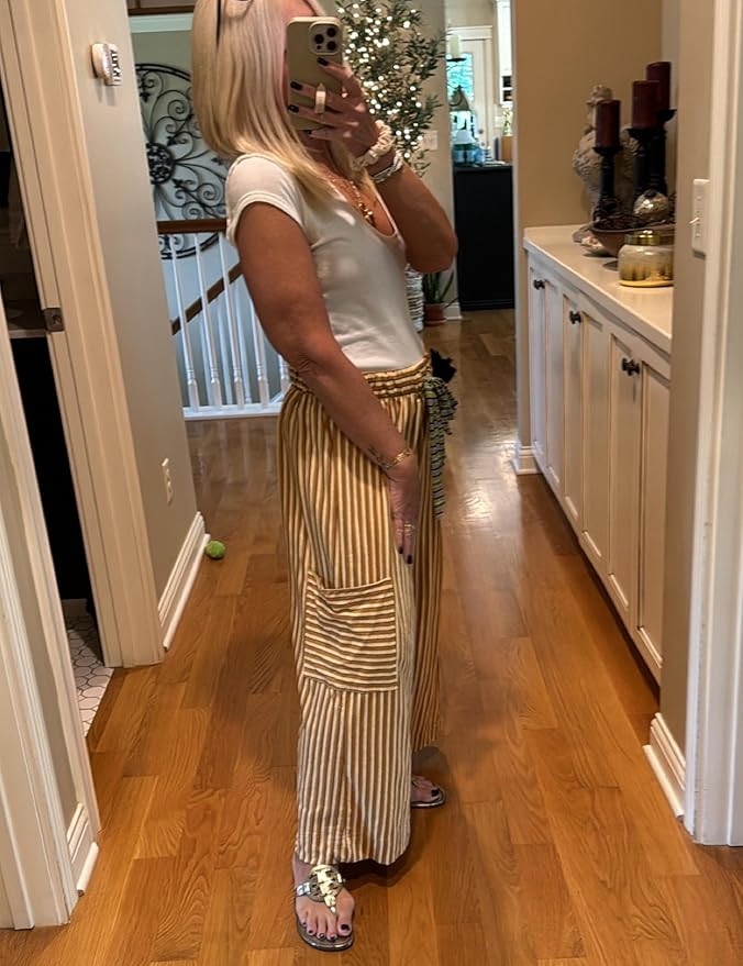 Bankeng Women Drawstring Striped Pants Loose Wide Leg Lounge Pants Casual Palazzo Pants Trousers ... | Amazon (US)