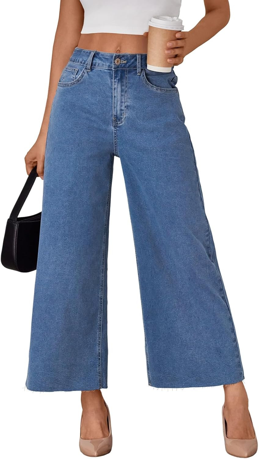 Trendy Queen Women’s High Waisted Wide Leg Jeans Stretchy Barrel Baggy Denim Ankle Cropped Pants Raw Hem | Amazon (US)
