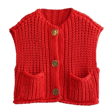 Women s Cropped Sweater Sleeveless Button Down Cardigan Sweater Crewneck Vest with Pockets | Walmart (US)