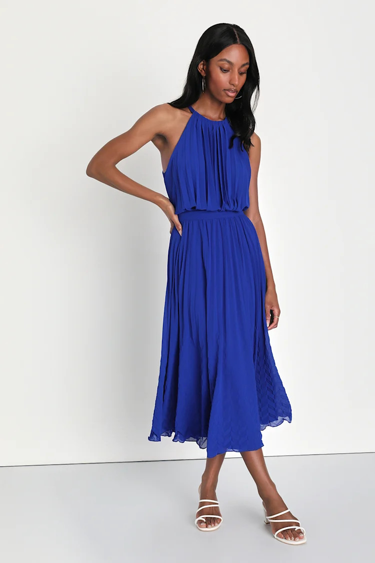 Gorgeous Day Cobalt Blue Pleated Halter Midi Dress | Lulus (US)