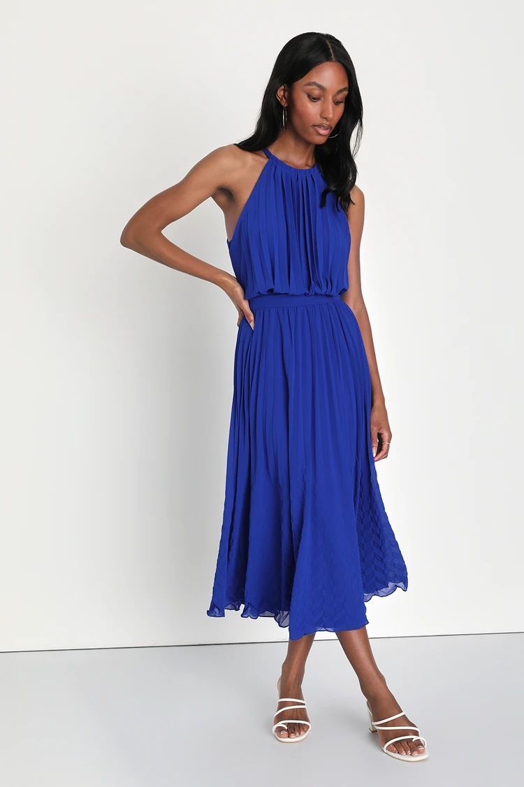 Gorgeous Day Cobalt Blue Pleated Halter Midi Dress | Lulus (US)