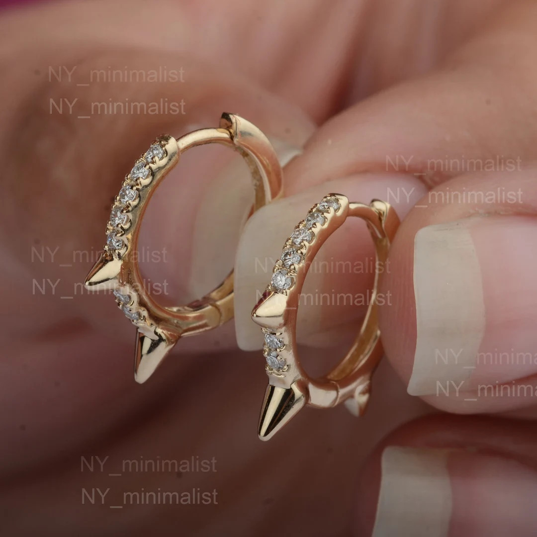 Trio Spikes Huggie Hoop Earrings Genuine 0.17 Ct. SI Clarity G-H Color Diamond Solid 14K Yellow G... | Etsy (US)