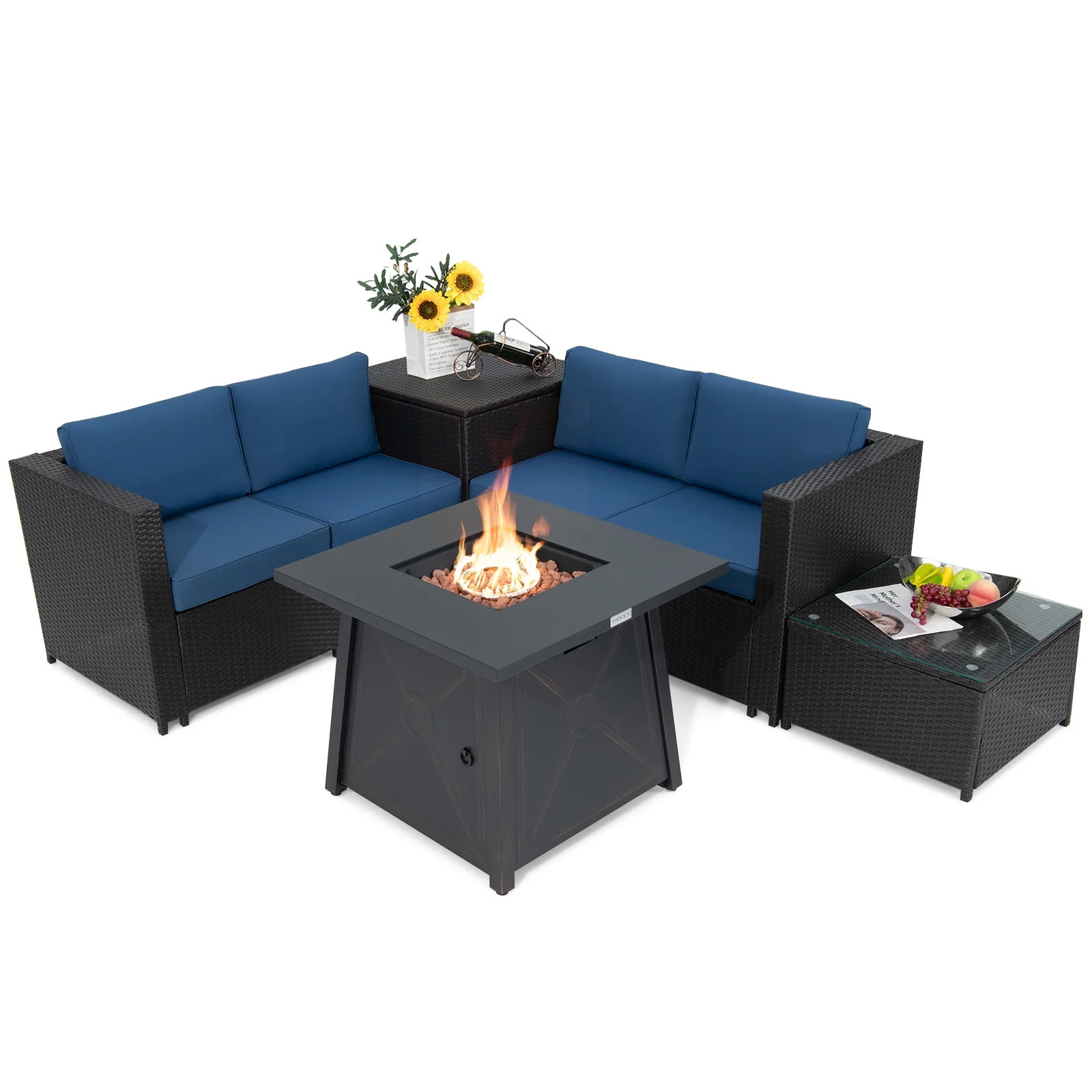 Topbuy 5-Piece Outdoor Patio Furniture Set with 50,000 BTU Propane Fire Pit Table Patio PE Wicker... | Walmart (US)
