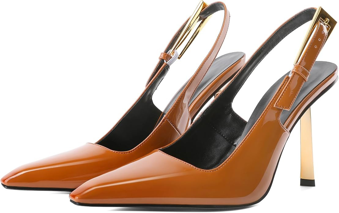 Eldof Slingback Heels for Women Metallic Buckle Square Toe Slip On Gold Stilettos High Heel Pumps... | Amazon (CA)