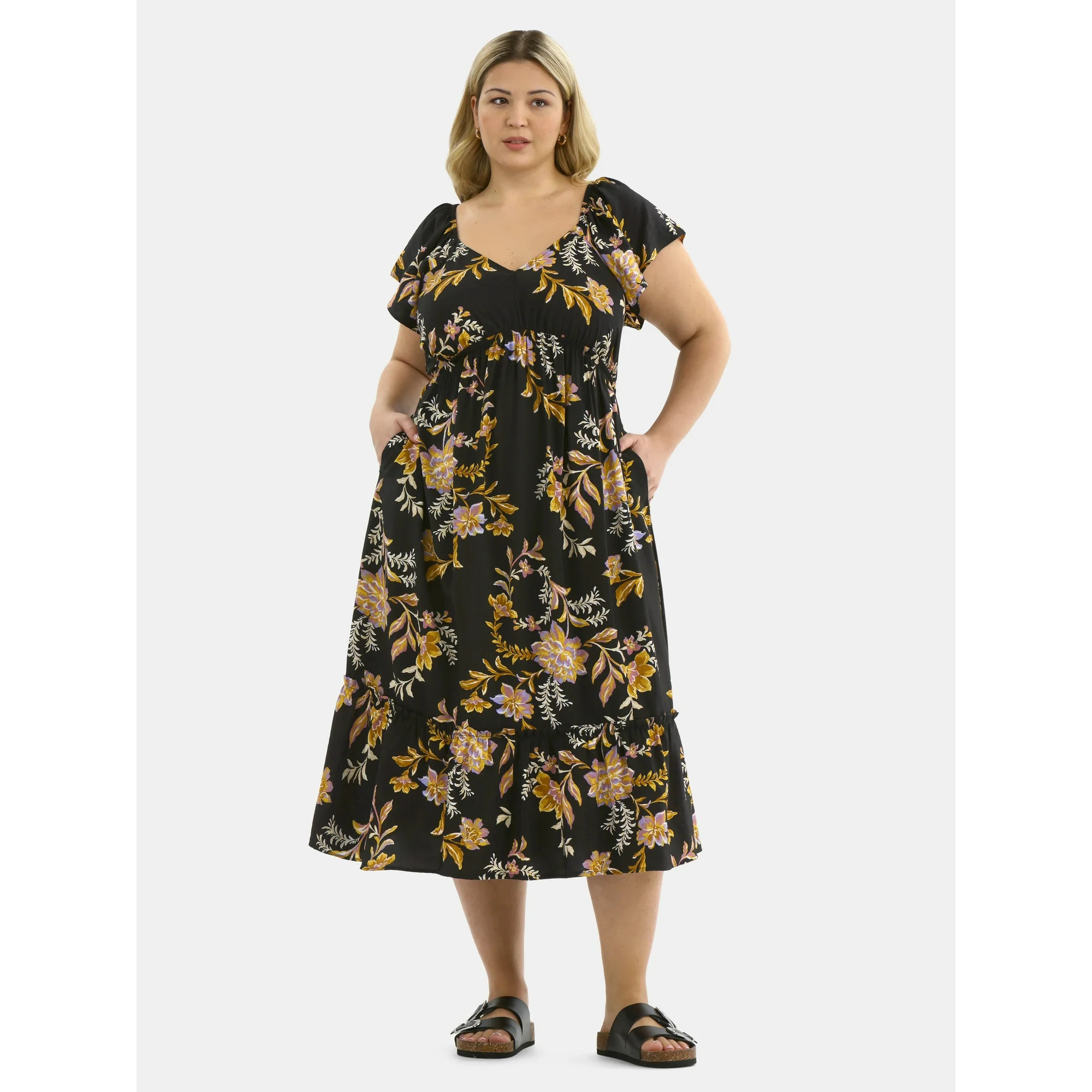 Terra & Sky Women's Plus Flutter Sleeve Midi Tiered Dress, Sizes 0X-5X | Walmart (US)