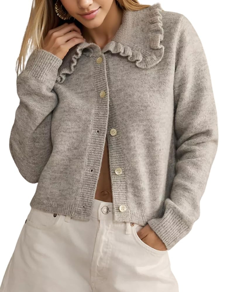 InterNos Womens Y2k Ruffled Collar Cardigan Sweaters Classic Button Down Long Sleeves Fall Sweate... | Amazon (US)