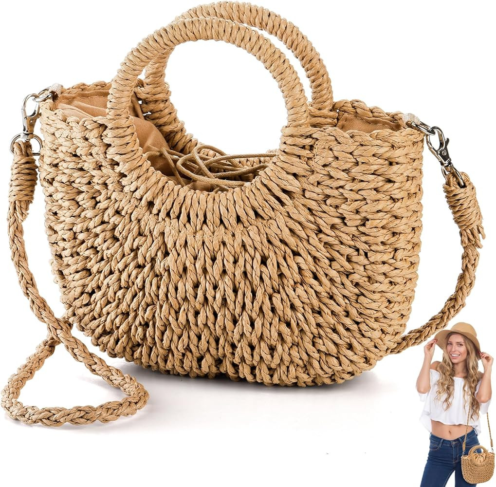 Women Straw Handbag, Mini Summer Beach Rattan Tote Bag, Woven Semi-circle Clutch Bag Handmade Pur... | Amazon (US)