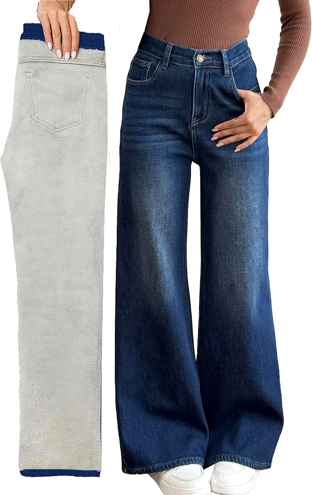 heipeiwa Women's Fleece Lined Jeans Wide Leg Baggy Winter Thermal Flannel Y2K Boyfriend Jean Deni... | Amazon (US)