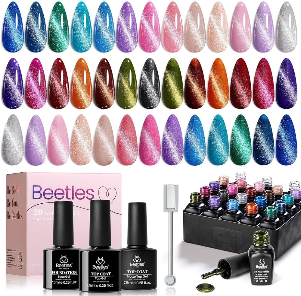 Beetles Cat Eye Gel Nail Polish Set - 20 Colors Glitter Red Green Blue Brown Black Cat Eye Magnet... | Amazon (US)