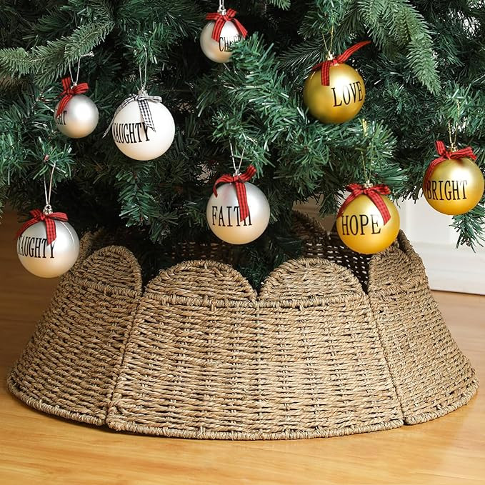 Woven Scallop Christmas Tree Collar Rattan Christmas Tree Ring Farmhouse Natural Woven Rustic Bas... | Amazon (US)