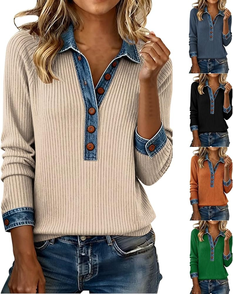 Womens Long Sleeve Collared Sweaters Knitted Cozy Patchwork Denim Cuffs Trendy Tops V Neck Retro ... | Amazon (US)