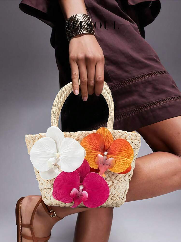 Butterfly Orchid Decor Straw Tote Bag, New Beachside Holiday Woven Handbag, Sweet Floral Beach Ba... | SHEIN