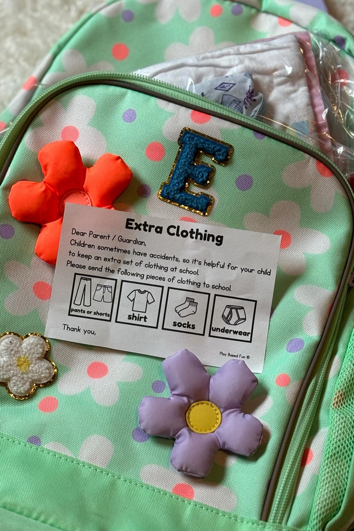 Avoid the dreaded phone call that your child had an accident & needs clothes. Pack them a set of clothes to keep in their backpack. Don’t forget to switch it when the weather changes!