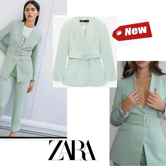Zara mint green fabric belted structured tailored blazer Sz L NWT | Poshmark