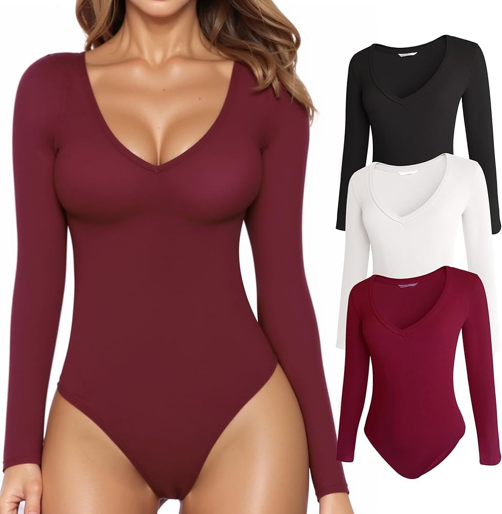 MANGOPOP Long Sleeve V Neck Bodysuit Pack | Amazon (US)