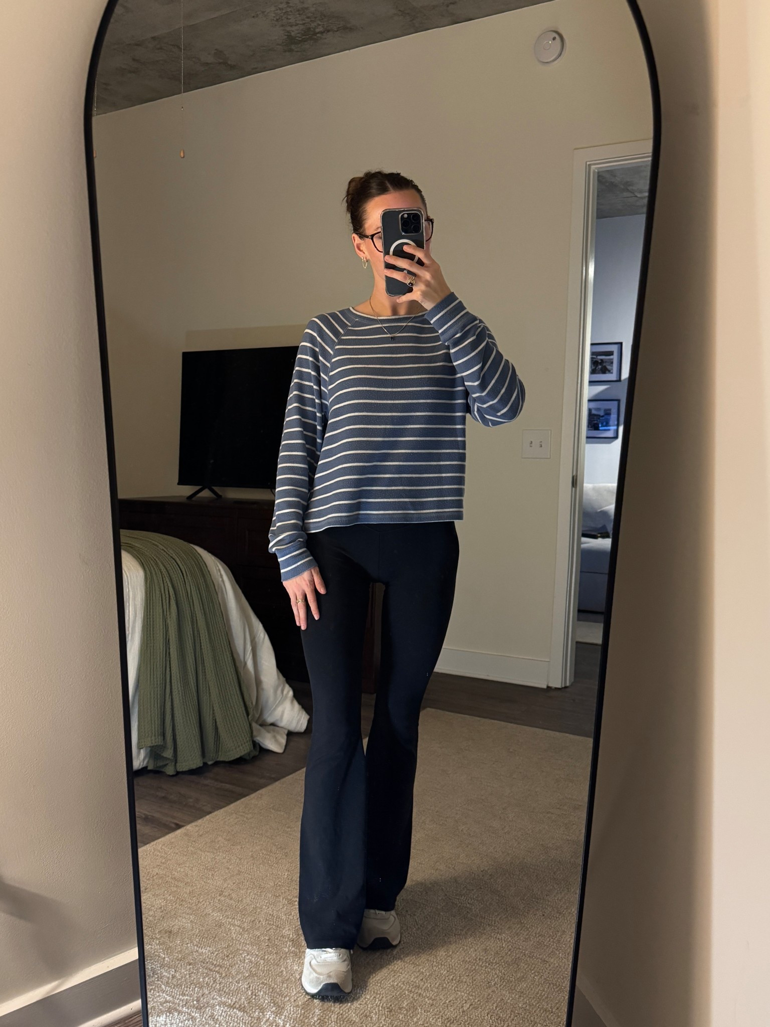 Striped blue long sleeve tee | Flare leggings 

#LTKHome #LTKActive