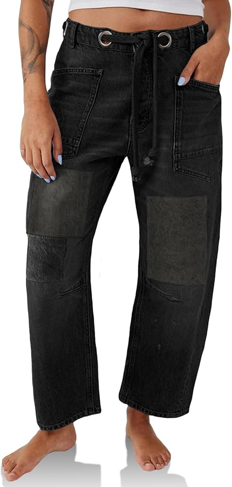 PLNOTME Womens Baggy Barrel Horseshoe Jeans Wide Leg Patchwork Low Rise Denim Pants with Pockets | Amazon (US)