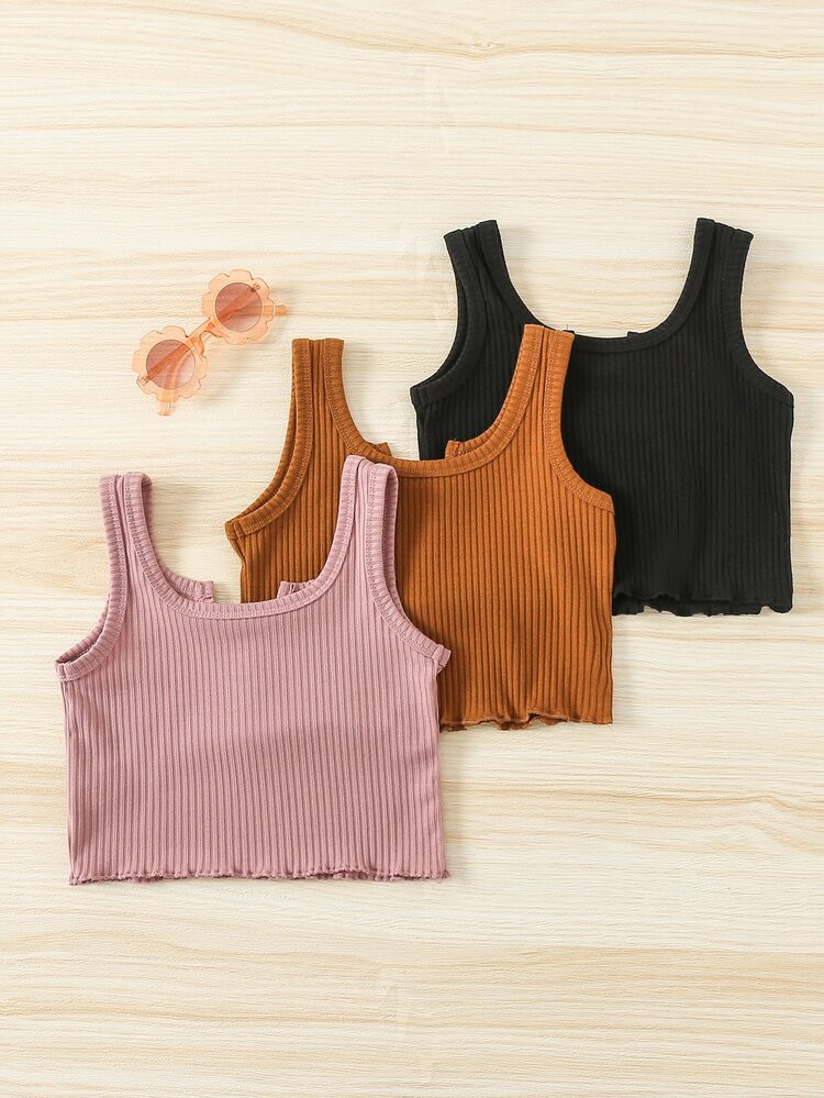 Toddler Girls 3pcs Notched Neckline Lettuce Trim Tank Top | SHEIN