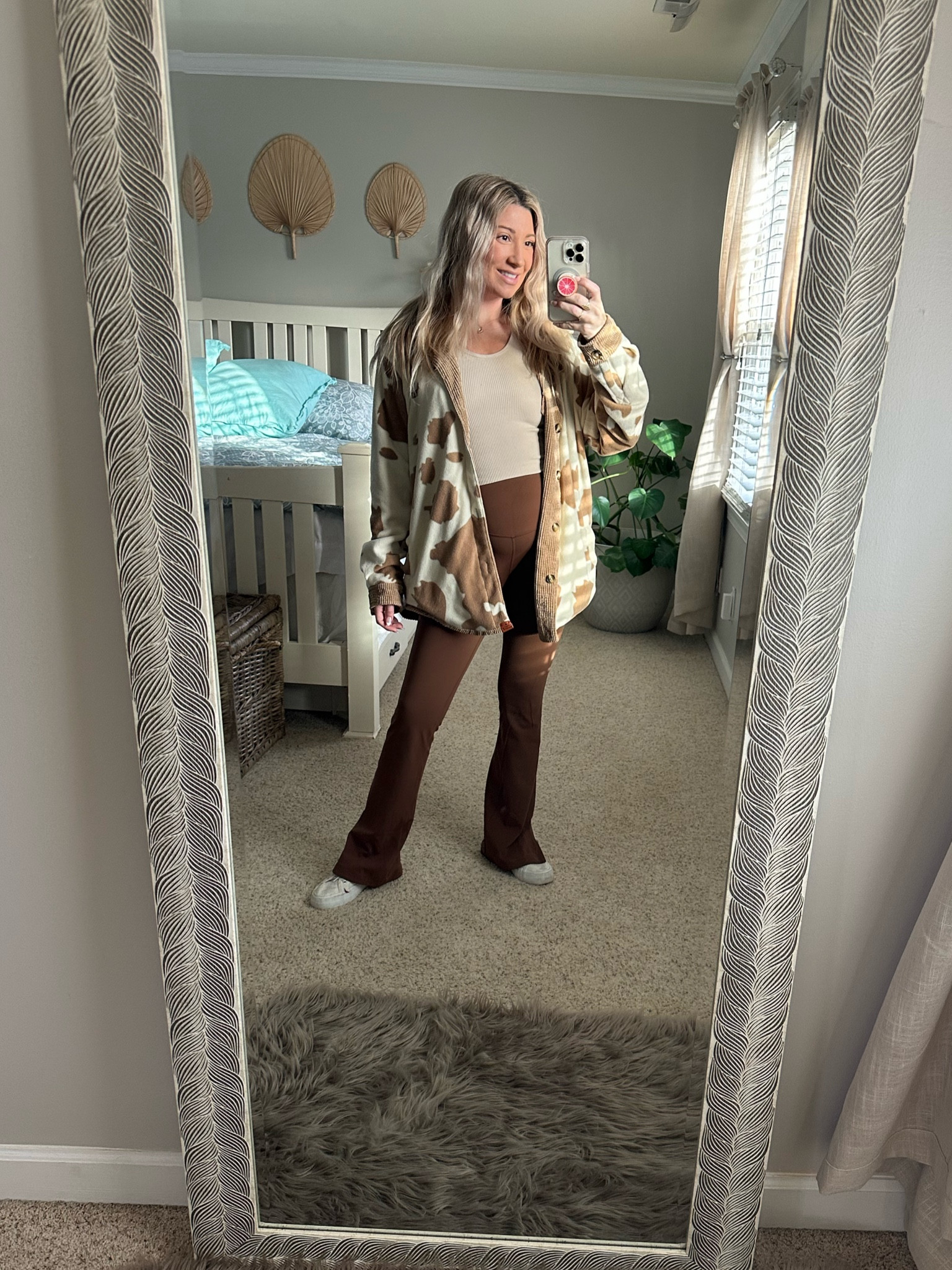 Loving this look 🤎 Flare leggings with a cow hide shacket! loving this reversible shacket 🐮It's simply southern . I found it at a boutique and it's available on their website. Leggings are from Lulu and sports crop top from Amazon 🤍

#LTKbump #LTKGiftGuide #LTKunder50