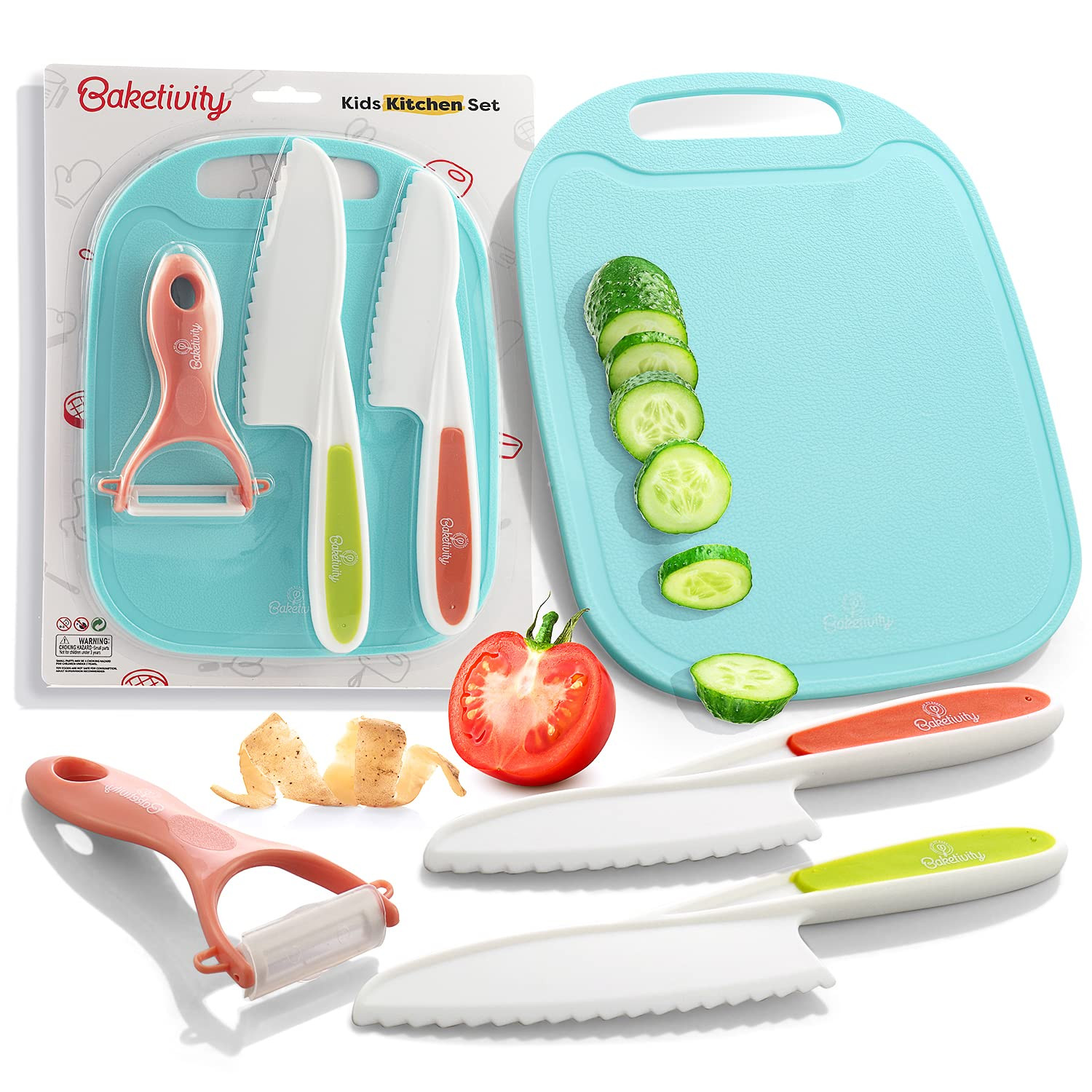 Baketivity Kid Safe Plastic Knives for Real Cooking with Cutting Board, Peeler for Kitchen - Knif... | Amazon (US)