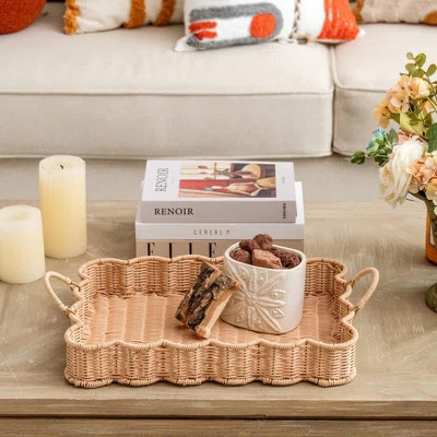 Scalloped Edge Rectangle Wicker Serving Tray with Handles, Decorative Coffee Table Tray, Waterproof, 1 Piece | Wayfair North America
