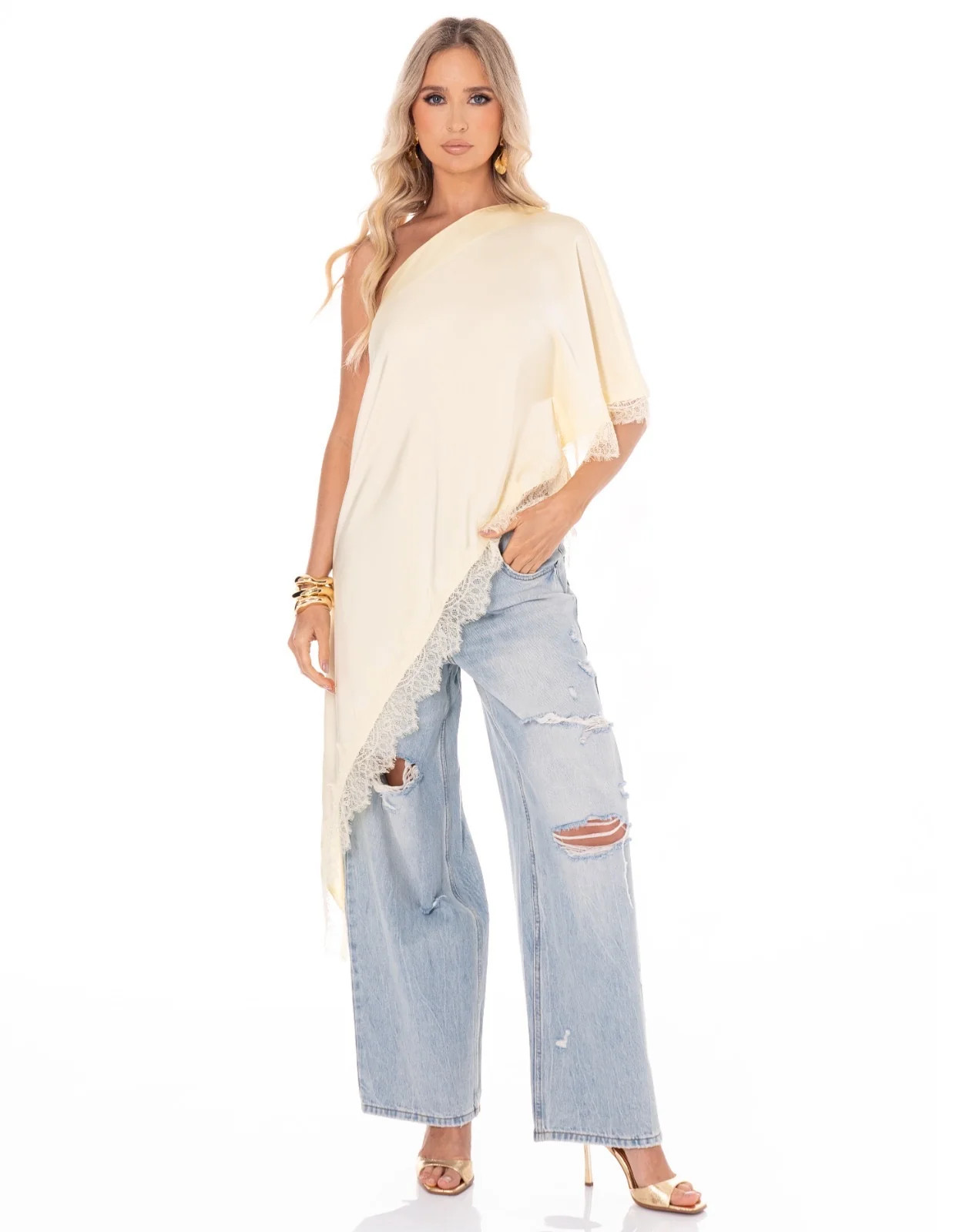 Asymmetric Lace Top in Butter Yellow | Glitzy Bella