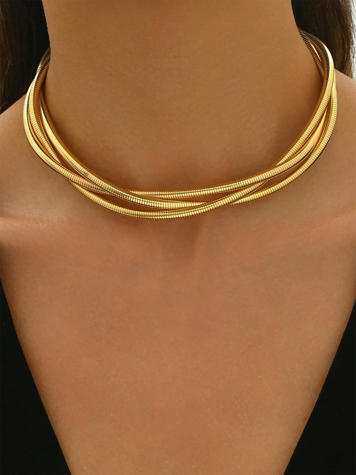 Triple-Layered Gold-Tone Choker Necklace | Commense