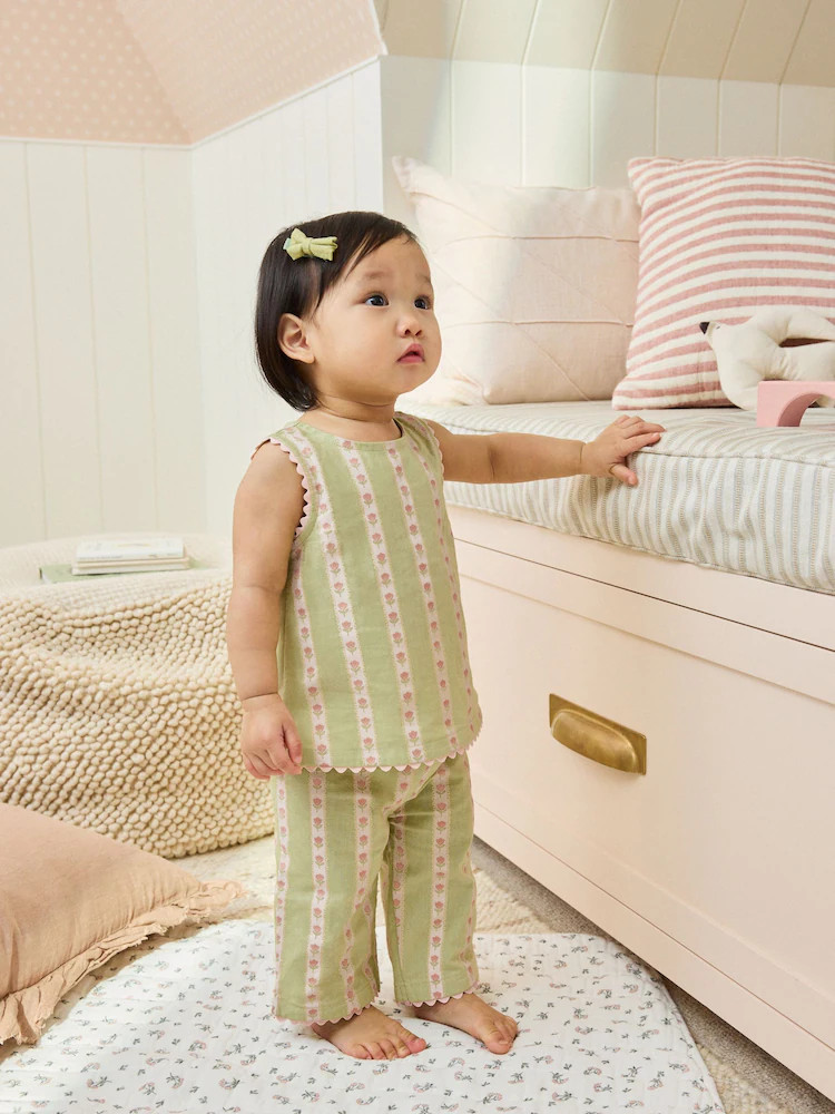Green Floral Stripe Baby Woven Top and Trousers Set 2 Piece (0mths-2yrs) | Next US