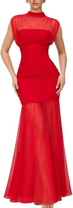 LAGSHIAN Women's Sleeveless Mesh High Neck Ruched Cocktail Maxi Dress | Amazon (US)