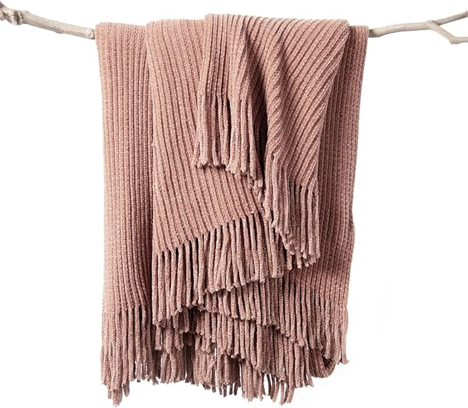 LIFEIN Knitted Pink Throw Blanket for Couch - Soft Fall Farmhouse Chenille Boho Throws, Cozy Knit... | Amazon (US)