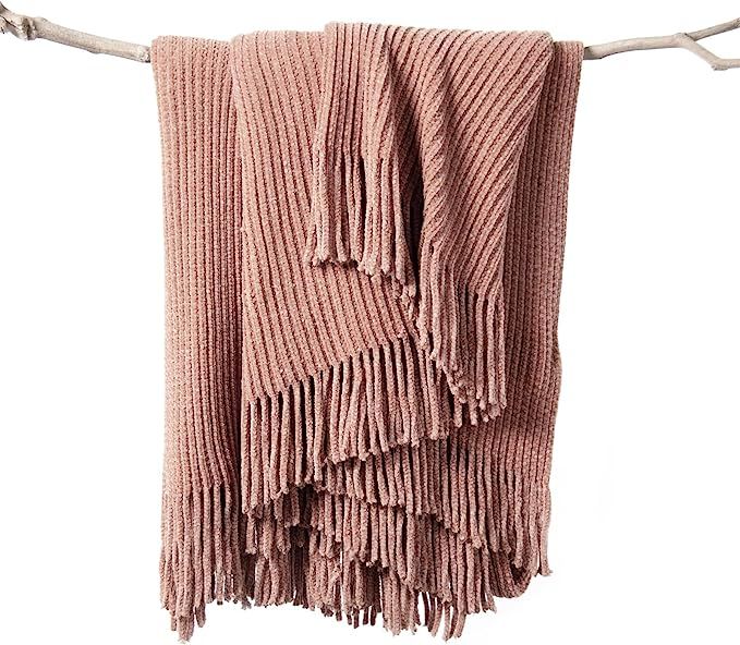 LIFEIN Knitted Pink Throw Blanket for Couch - Soft Fall Farmhouse Chenille Boho Throws, Cozy Knit... | Amazon (US)