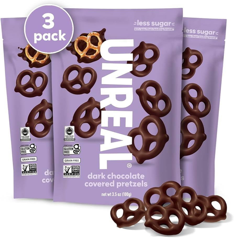 UNREAL Dark Chocolate Covered Pretzels, 7g Sugar, Chocolate Candy Treat Bag, Gluten Free, Fair Tr... | Amazon (US)