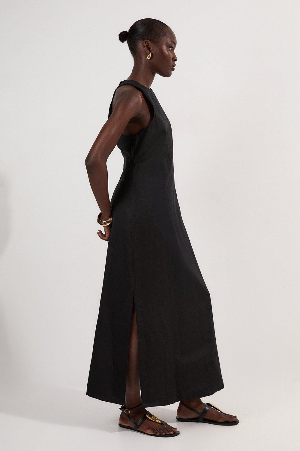 Viscose Linen Halter Open Back Woven Column Dress | Karen Millen UK + IE + DE + NL