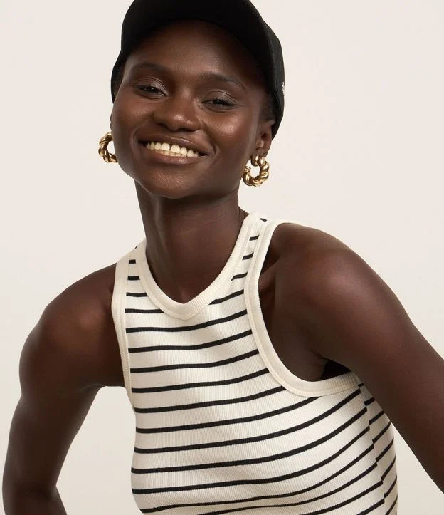 Blusa Regata Básica em Ribana Listrada Branco | Renner (BR)