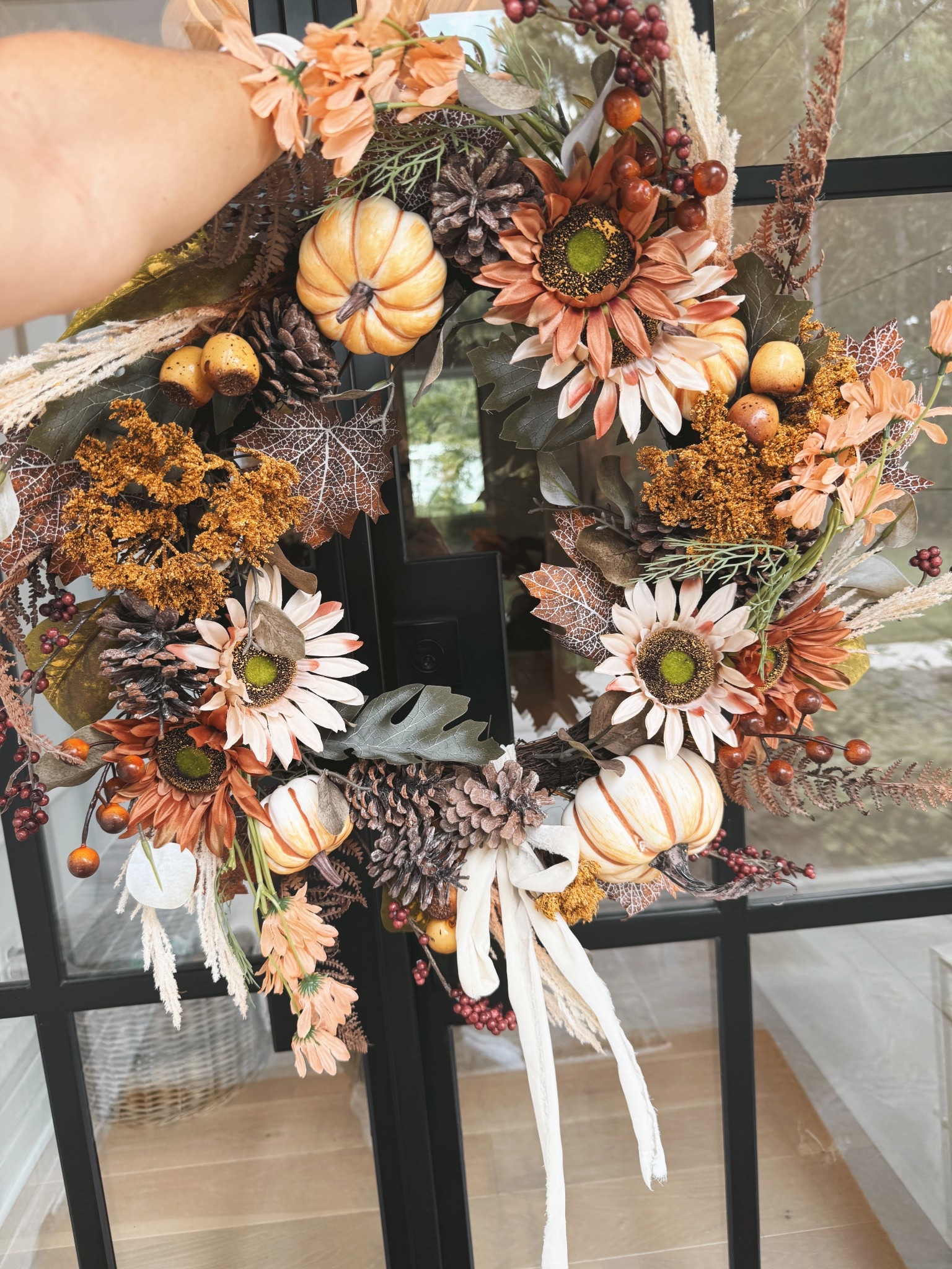 Perfect front porch patio door wreath with pumpkins and faux florals perfect for a covered outdoor space 🍂 #wreath #faux #outdoorr

#LTKHome #LTKSeasonal #LTKFallSale