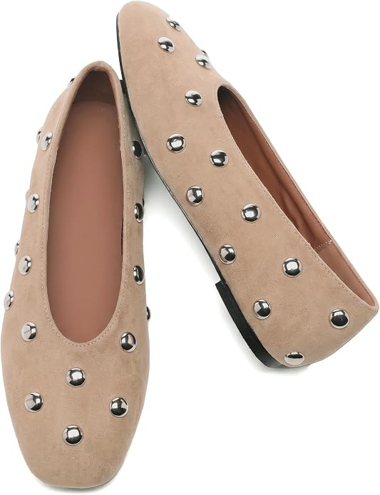 Studded Flats for Women Square Toe Slip on Suede Ballet Flats | Amazon (US)