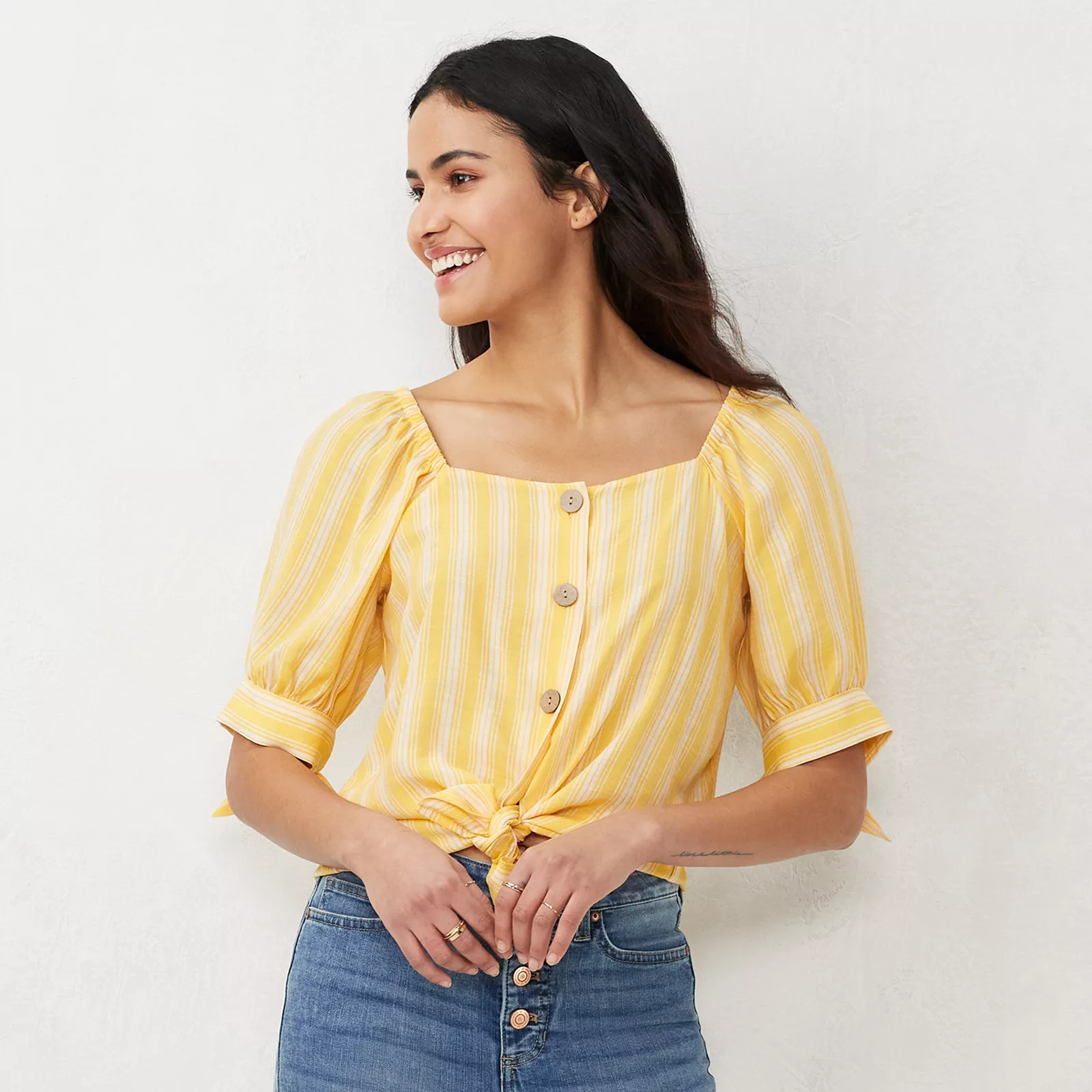Women's LC Lauren Conrad Button-Front Puff-Sleeve Top, Size: XL, Med Yellow | Kohl's