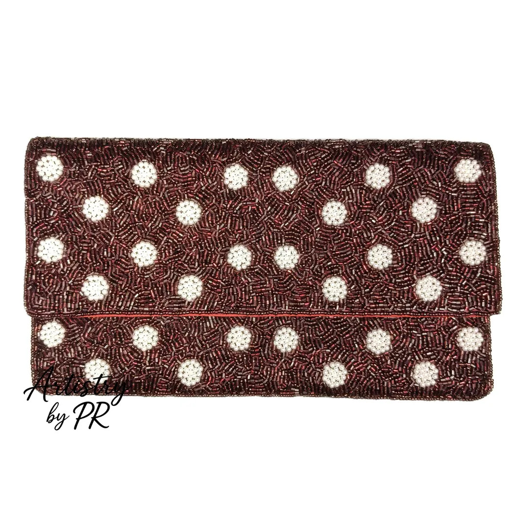 Handmade Beaded Clutch Bag | Maroon Polka Dot Seed Bead Evening Purse | Luxury Party Clutch for W... | Etsy (US)