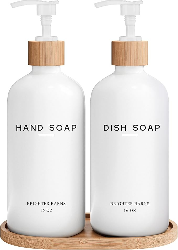White Glass Hand and Dish Soap Dispenser Set by Brighter Barns - Kitchen Soap Dispenser Set with ... | Amazon (US)