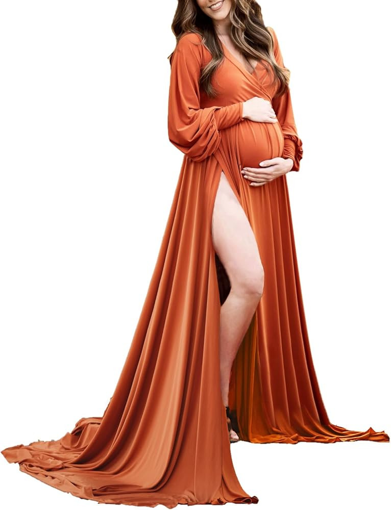 Maternity Gown Bishop Sleeves Baby Shower Dress Wrap Side Slit Sweetheart Maxi Photo Shoot for Ph... | Amazon (US)