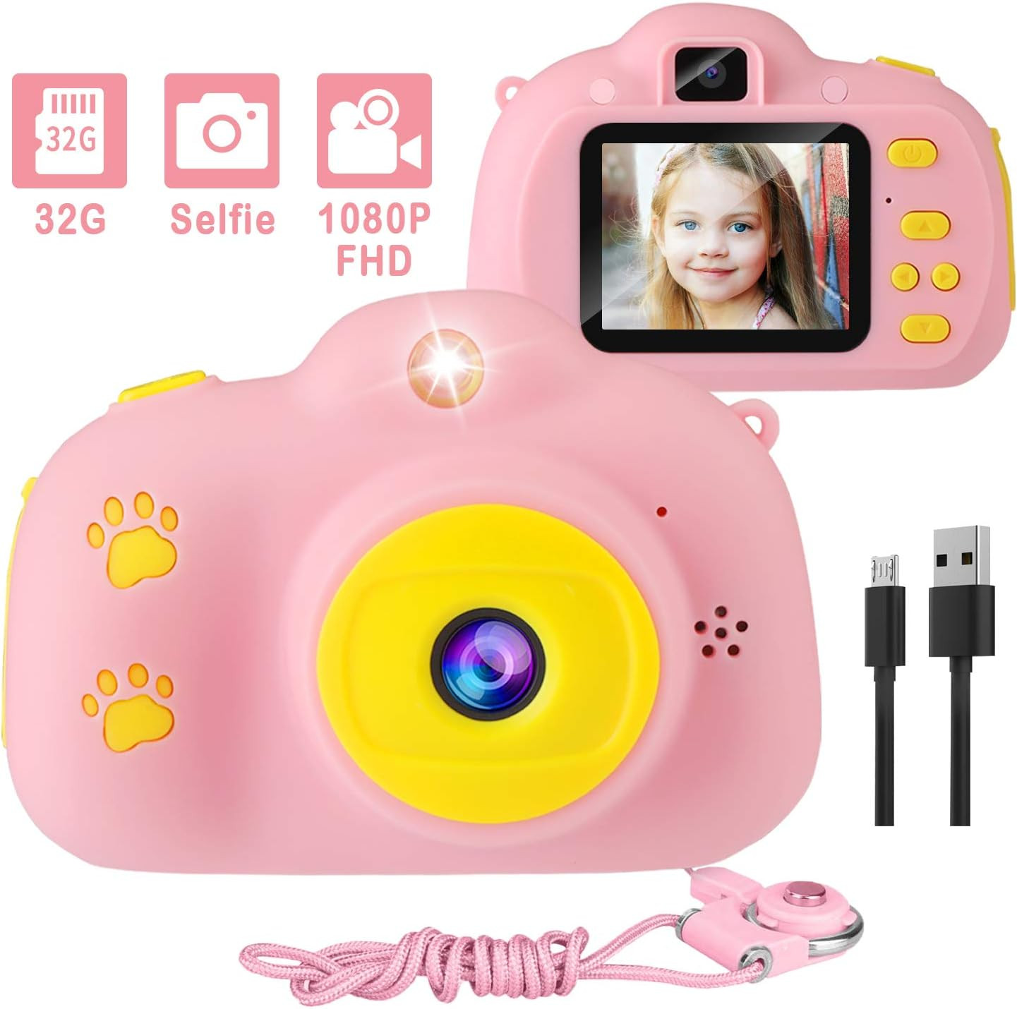 Kids Camera, 1080p Selfie Digital Kids Camera for Girl with 32GB SD Card Rechargeable Battery Chi... | Amazon (US)