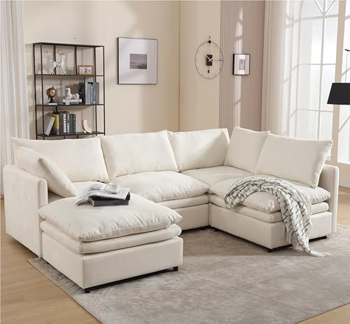kevinplus 129.92'' Modular Sectional Sofa Couch with Convertible Ottoman for Living Room, Modern Contemporary 4-Seat L-Shape U-Shape Upholstered Sofa Couch, Free Combination, Polyester Fabric, Beige | Amazon (US)