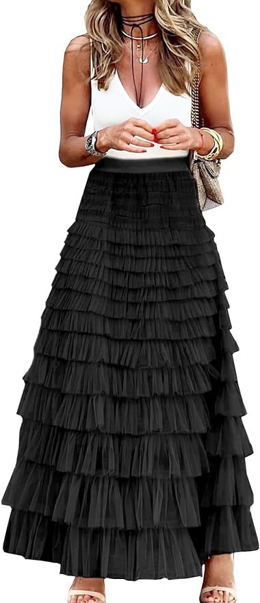 Womens Long Maxi Tulle Skirt A Line Ruffle Mesh High Waisted Tiered Layered Skirts Petticoat | Amazon (US)