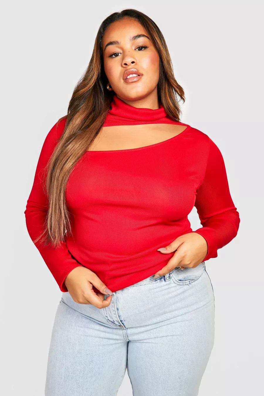 Plus Rib Cutout Long Sleeve Top | Boohoo.com (US & CA)