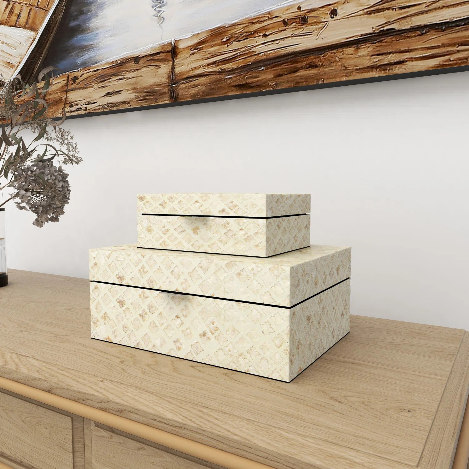 Kelly Clarkson Home Juliette 2 Piece Mother of Pearl Handmade Box with Hinged Lid Set, 12", 8"W &... | Wayfair North America