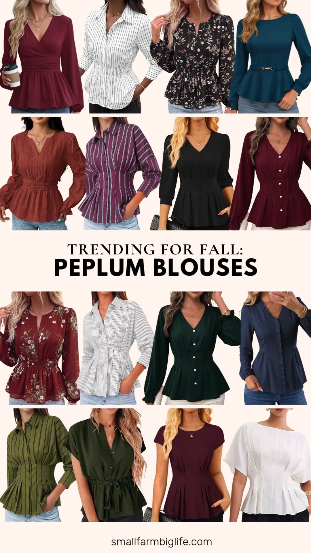 Peplum blouses are trending everywhere this fall, and this flattering, cinched waist silhouette is such an easy win for business casual workwear.

The peacock blue Bbonlinedress Belted Peplum Crew Neck Blouse has such a dressy ruffled hem perfect for a date night outfit, and the wine red striped and army green striped Tankaneo Peplum Button Down Shirts both have a nice cinched waist detail for the office. The white with black pinstripes Cicy Bell Peplum Shirt and the white with black stripes PRETTYGARDEN Peplum Work Shirt round out the striped options nicely.

For something softer, the black multi color floral and burgundy floral BTFBM Chiffon Peplum Blouses have a flowy, lantern sleeve detail, and the wine red MOLERANI Wrap V Neck Peplum Blouse brings a ruched waist that works well for daily wear or going out. The clay Pink Queen Peplum Blouse and the black GRACE KARIN V Neck Peplum Blouse are both easy, polished options for the office.

The blackish green and burgundy EVALESS Smocked Waist Peplum Blouses are great for a corporate or interview outfit, and the army green Chiffon Peplum Blouse and the navy Dokotoo Ruffle Trim Peplum Blouse round out the lineup with a soft, feminine finish. The wine red GRACE KARIN Peplum Blouse and the white Zhiyouni Peplum Blouse are both easy short sleeve options for milder fall days.

So many great peplum blouses to shop for autumn outfits this season, all linked for you.

#amazonfashion #peplum #fallfashion #falloutfits #businesscasual 

 #LTKootd #LTKOver40 #LTKWorkwear