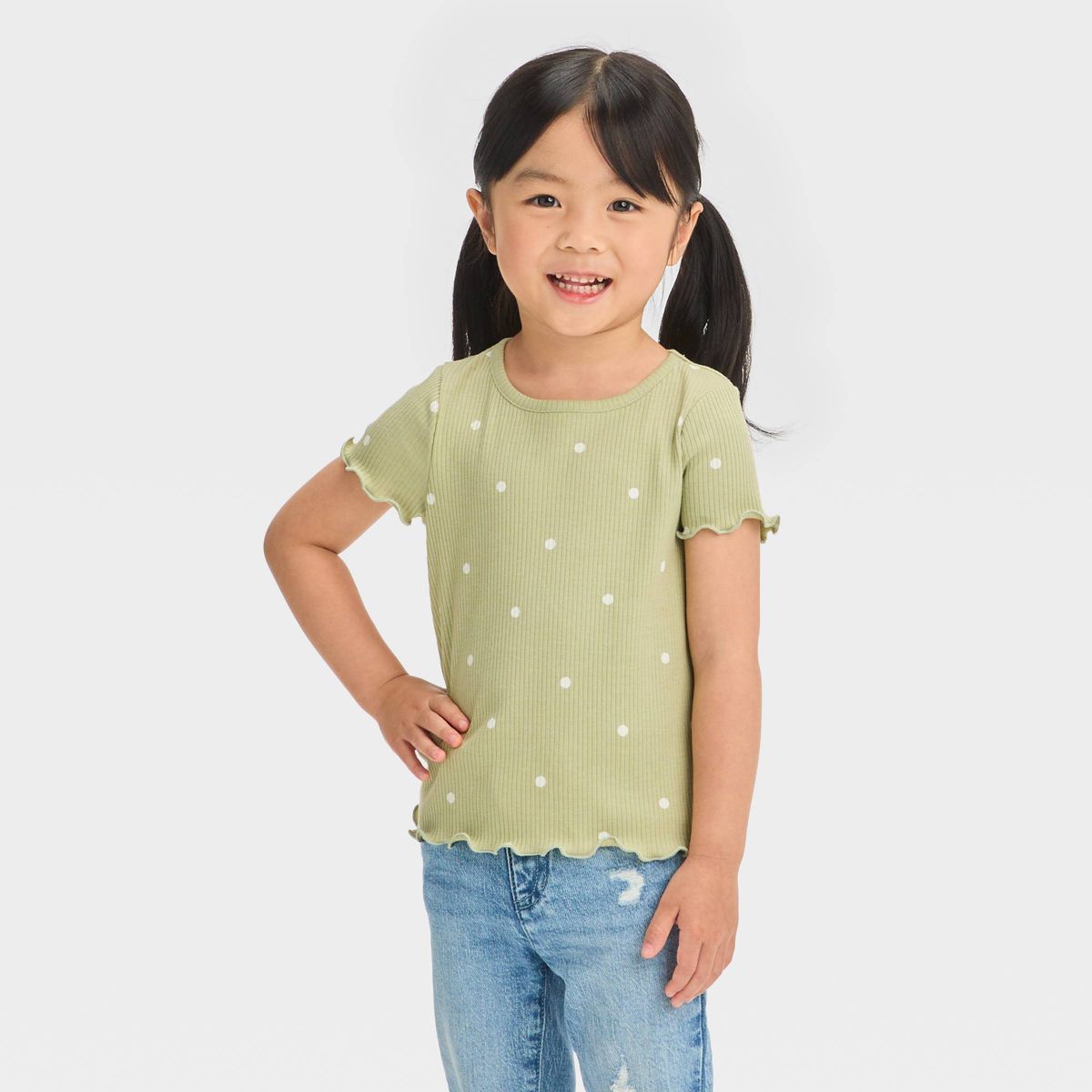 Toddler Girls' Dot Ribbed Short Sleeve T-Shirt - Cat & Jack™ Olive Green 12M | Target