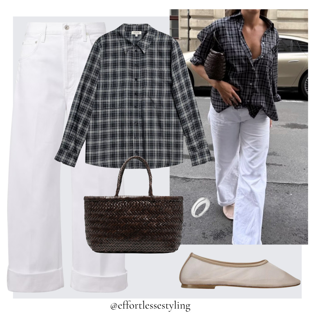 Casual white wide leg jeans outfit. 

White wide leg cuffed jeans, dark grey checked shirt, silver ring, beige ballet flats, dark brown leather mini tote bag. 

 #LTKuk #LTKautumn #LTKjeans