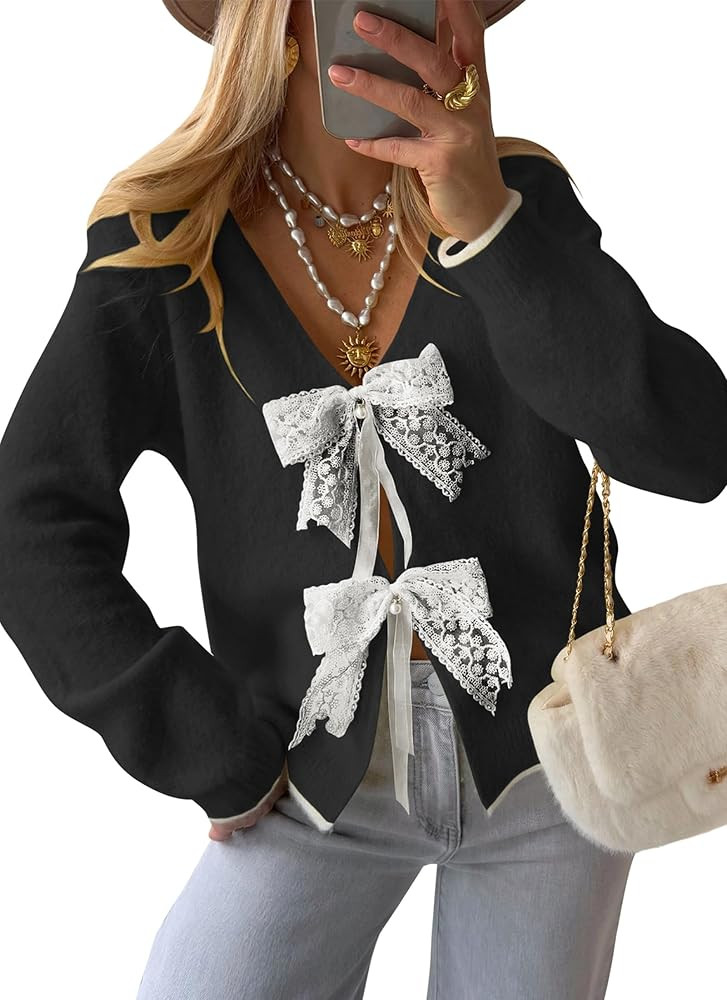 Cakulo Womens Bow Tie Sweater V Neck Cardigan Sweaters Lightweight Fall Fashion Knit Cardigans Wi... | Amazon (US)