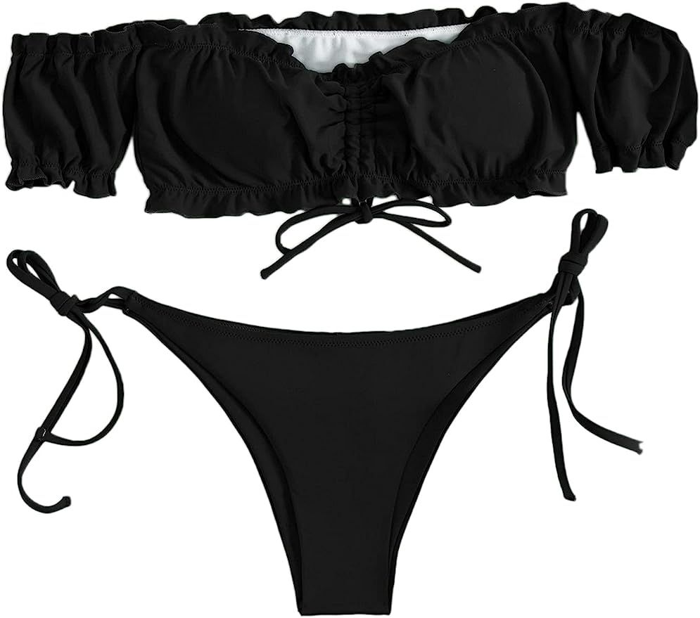 SOLY HUX Women's Off Shoulder Top Tie Side Bikini Bathing Suits 2 Piece Swimsuits | Amazon (US)